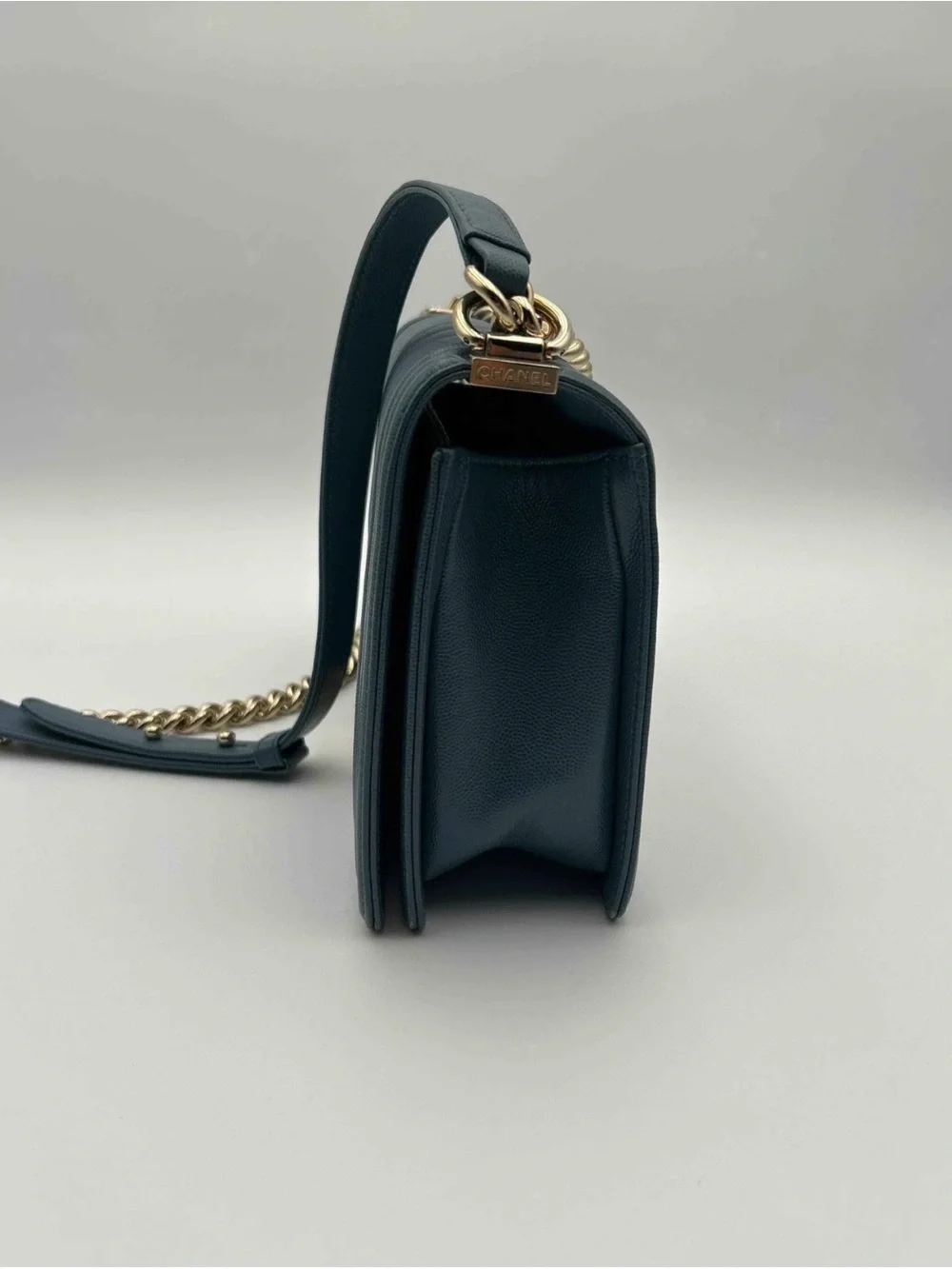 CHANEL Teal Chevron Shoulder Bag with Gold Chain